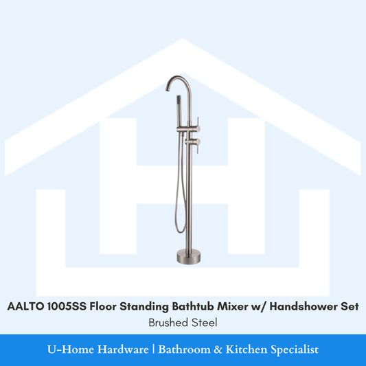 AALTO 1005SS Floor Standing Bathtub Mixer with Handshower Set Brushed Steel for Singapore bathroom renovation.