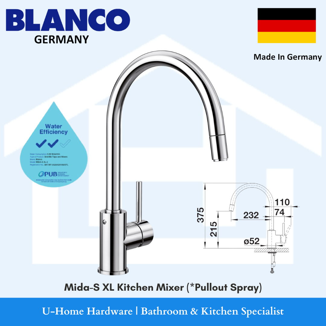 BLANCO MIDA-S XL Single Lever Kitchen Sink Mixer Tap with Pull Out Spray Hose 360 Swivel High Spout for Singapore kitchen renovation