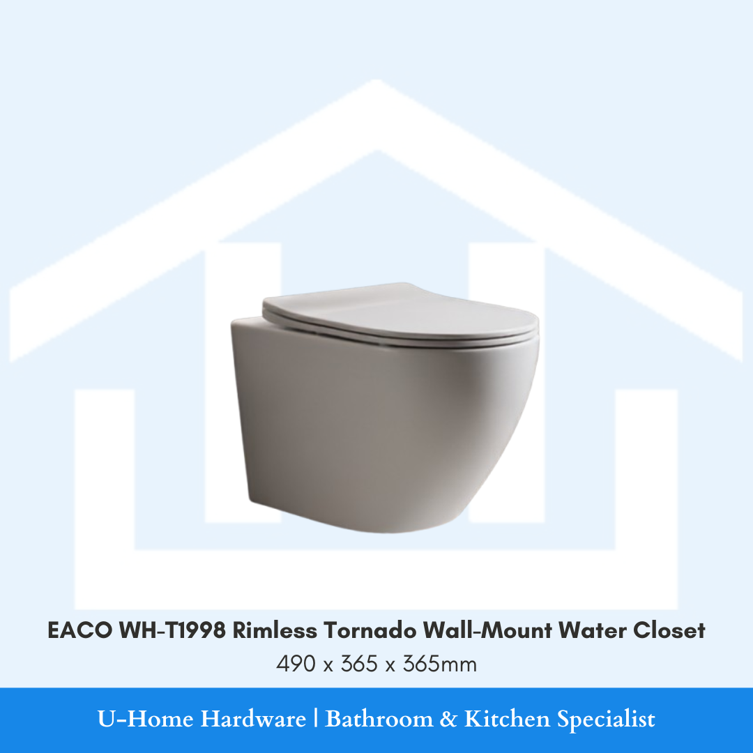 Technical dimension drawing and features for the EACO WH-T1998 wall-hung rimless toilet bowl featuring Tornado Vortex flushing and measuring 490x365x365mm with P-Trap 180mm connection.