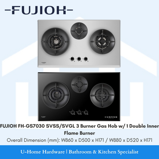 3 BURNERS GAS HOB WITH 1 DOUBLE INNER FLAME BURNER. gas hob. fujioh gas hob. fujioh fh-gs7030 svss / fh-gs7030svgl. gas hob