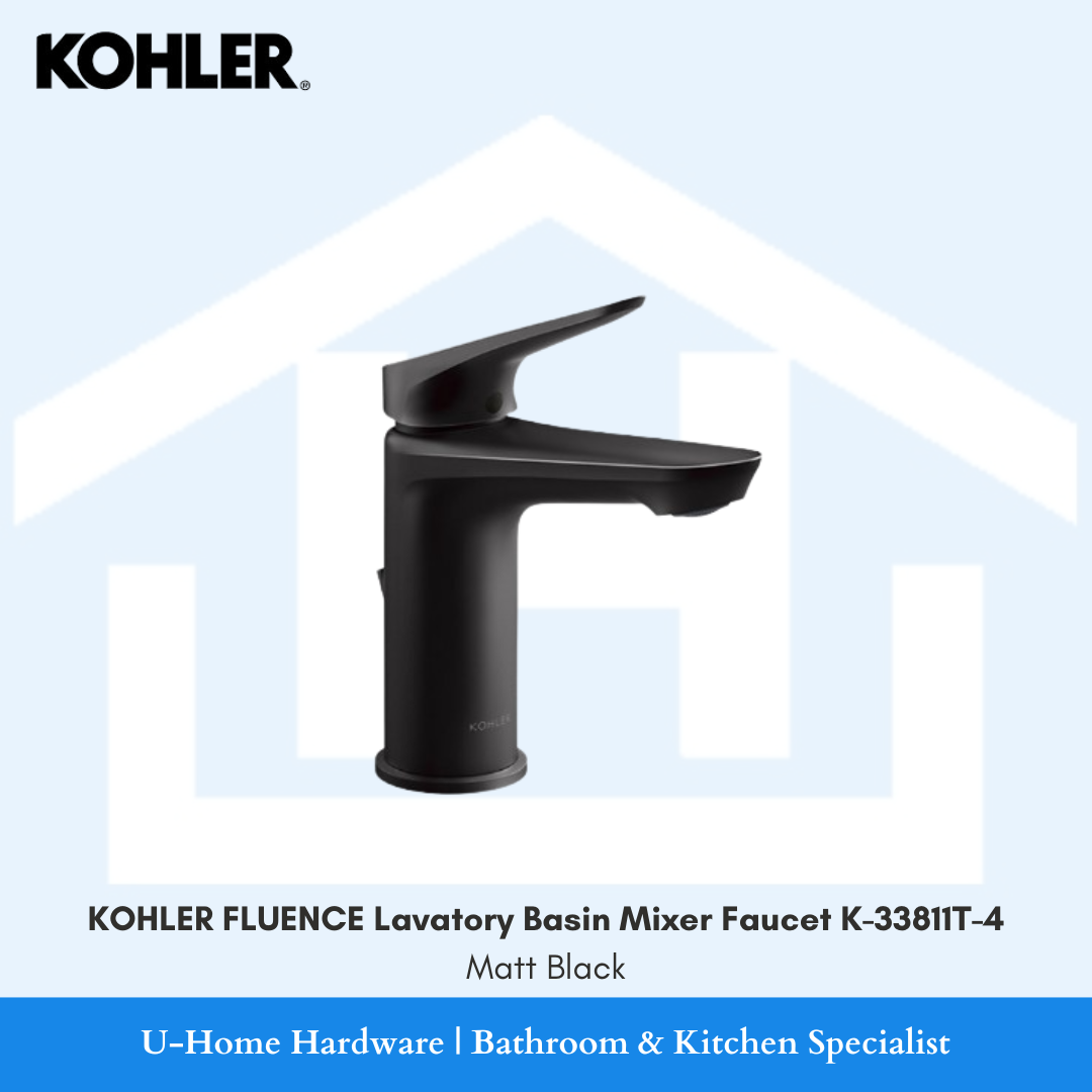 Side profile of deck-mounted KOHLER Fluence bathroom tap highlighting its sleek angular spout and smooth lever handle in architectural matte black.