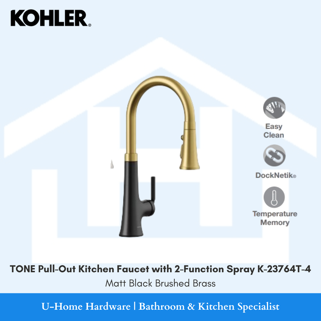 Front view of the KOHLER Tone pull-out kitchen faucet K-23764T-4 featuring a striking two-tone Matt Black base and Brushed Brass spout, displaying its easy-clean 2-function sprayhead.