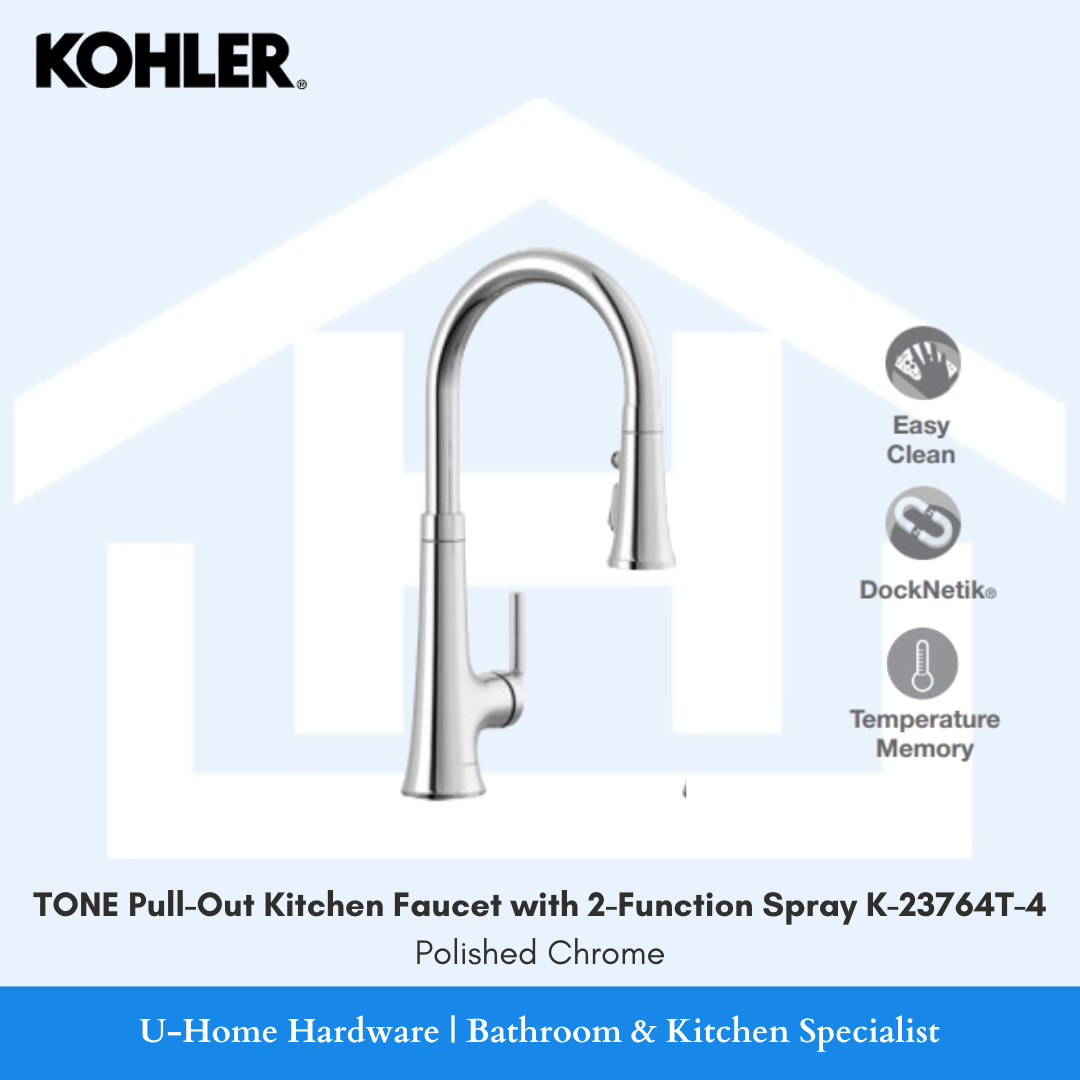 Side angle view of the KOHLER Tone pull-out kitchen faucet K-23764T-4 in Polished Chrome finish, displaying its elegant mid-century spout curve and 2-function sprayhead.