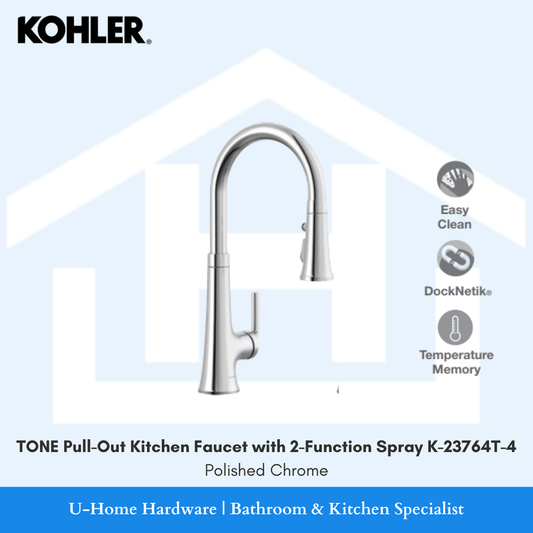 Side angle view of the KOHLER Tone pull-out kitchen faucet K-23764T-4 in Polished Chrome finish, displaying its elegant mid-century spout curve and 2-function sprayhead.