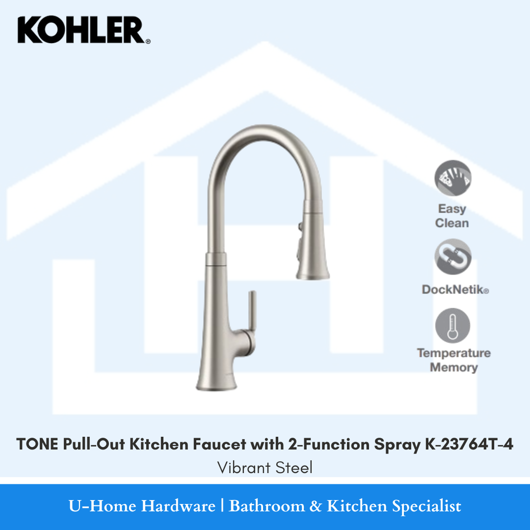 Side angle view of the KOHLER Tone pull-out kitchen faucet K-23764T-4 in a warm brushed Vibrant Stainless Steel finish, displaying its soft-modern spout curve and 2-function sprayhead.