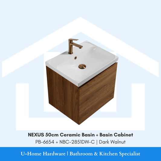 NEXUS 50cm Ceramic Basin and Cabinet Set PB-6654 NBC-2851DW-C Dark Walnut for Singapore bathroom renovation