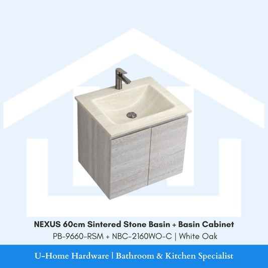 NEXUS 60cm Sintered Stone Basin and Cabinet Set PB-9660-RSM NBC-2160WO-C White Oak for Singapore bathroom renovation