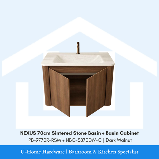 NEXUS 70cm Sintered Stone Basin and Cabinet Set PB-9770R-RSM NBC-5870DW-C Dark Walnut for Singapore bathroom renovation