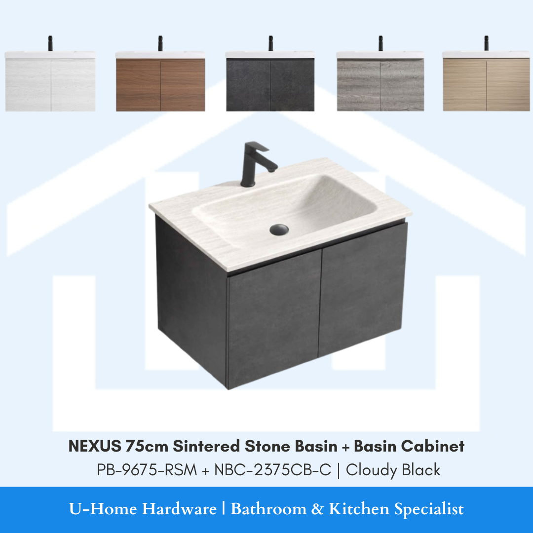 NEXUS 75cm Sintered Stone Basin and Cabinet Set PB-9675-RSM NBC-2375CB-C Cloudy Black for Singapore bathroom renovation