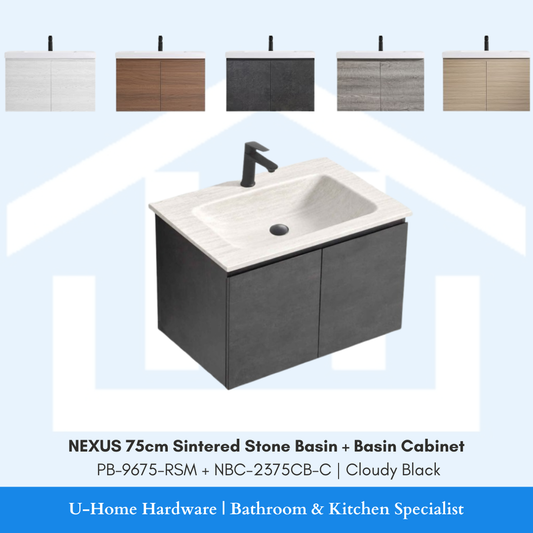 NEXUS 75cm Sintered Stone Basin and Cabinet Set PB-9675-RSM NBC-2375CB-C Cloudy Black for Singapore bathroom renovation