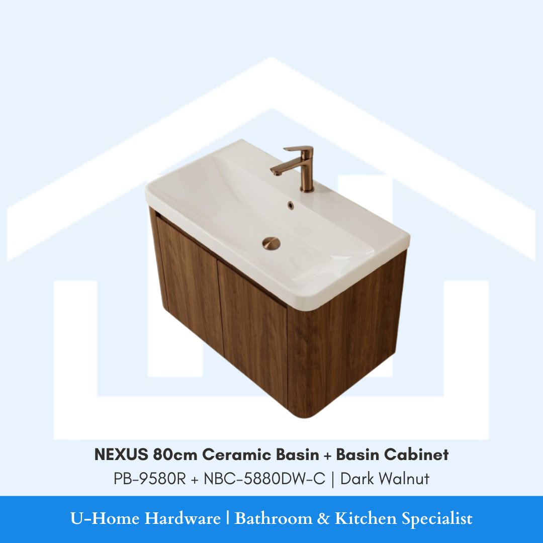 NEXUS 80cm Ceramic Basin and Cabinet Set PB-9580R NBC-5880DW-C Dark Walnut for Singapore bathroom renovation 