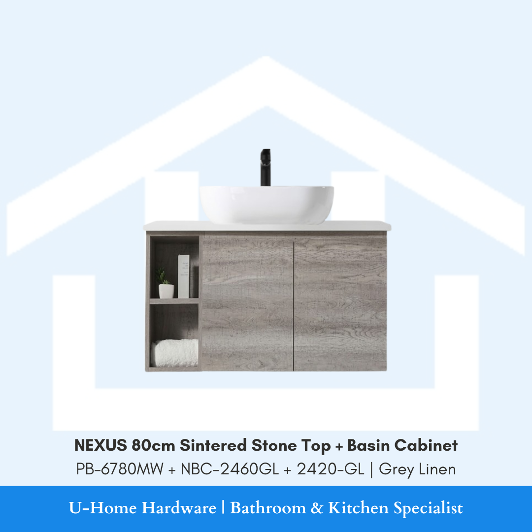 NEXUS 80cm Sintered Stone Top and Above Counter Basin Cabinet Set Grey Linen PB-6780MW NBC-2460GL 2420-GL for Singapore bathroom renovation