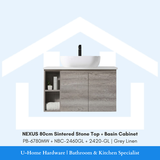 NEXUS 80cm Sintered Stone Top and Above Counter Basin Cabinet Set Grey Linen PB-6780MW NBC-2460GL 2420-GL for Singapore bathroom renovation