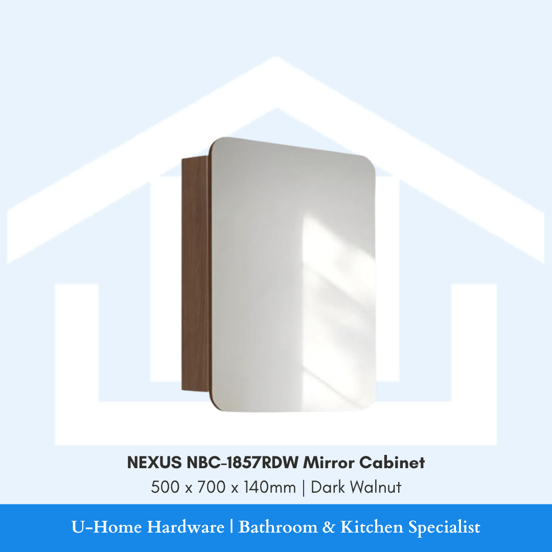 Front angle view of the wall-mounted NEXUS NBC-1857RDW bathroom mirror cabinet showcasing its high-definition mirror face and premium Dark Walnut PVC side casing.