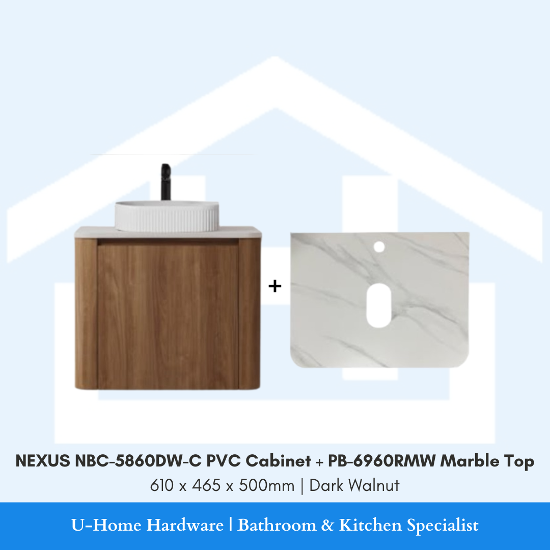 Front angle view of the floating NEXUS NBC-5860DW-C vanity cabinet in textured Dark Walnut finish, mounted with a premium PB-6960RMW marble counter top.