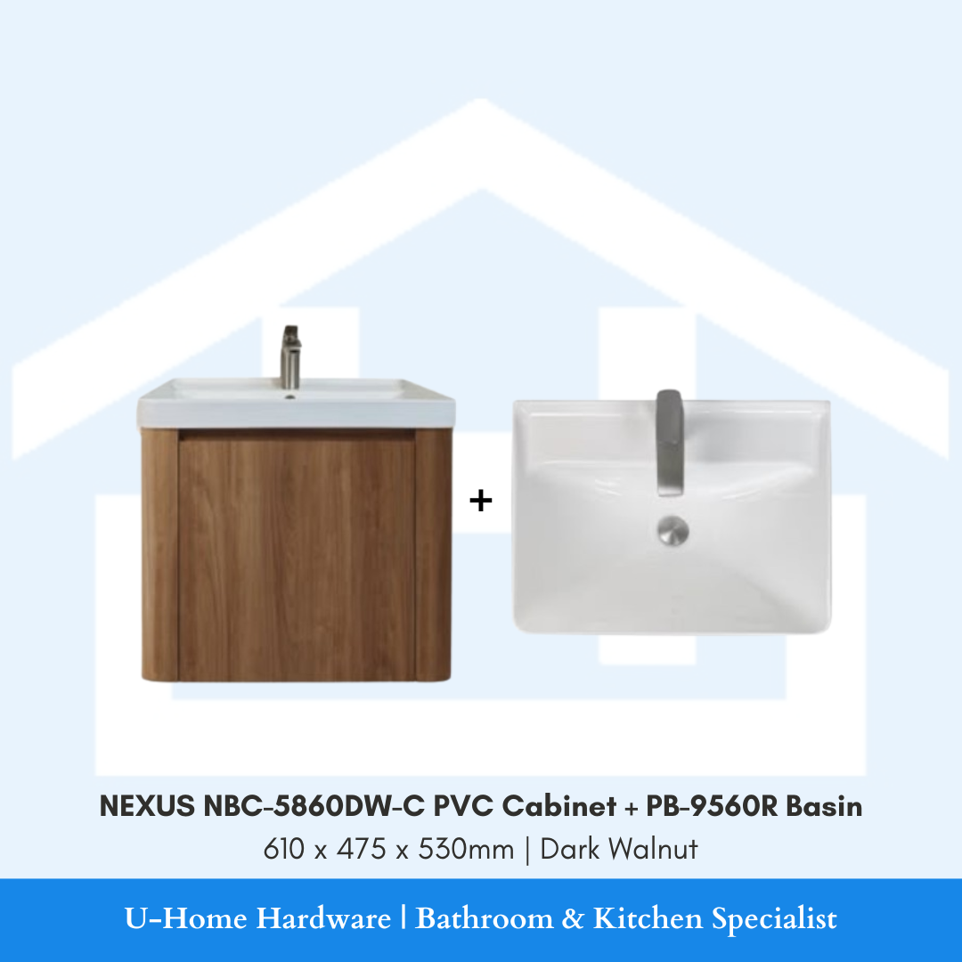 Front view of the wall-mounted NEXUS NBC-5860DW-C vanity cabinet in rich Dark Walnut timber grain finish, complete with the integrated white ceramic PB-9560R wash basin.