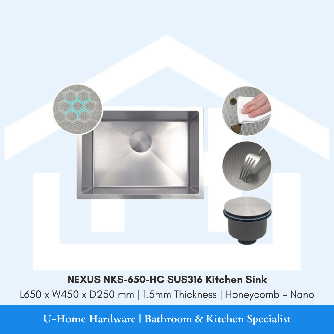 NEXUS NKS-650-HC SUS316 Stainless Steel Single Bowl Kitchen Sink 650x450x250mm Honeycomb Nano Finish for Singapore kitchen renovation
