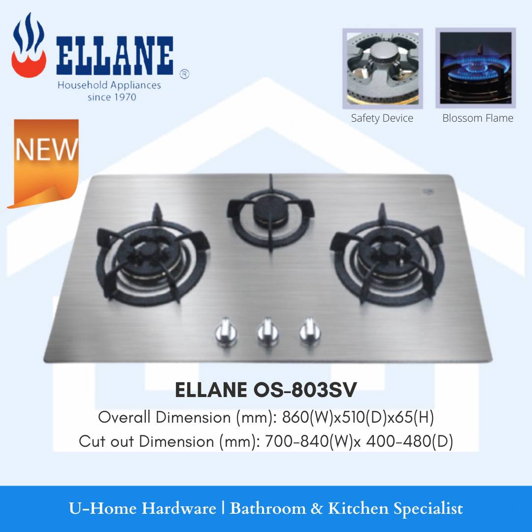 ELLANE OS-803SV Stainless Steel 3 Burner Hob (PUB/LPG Gas)