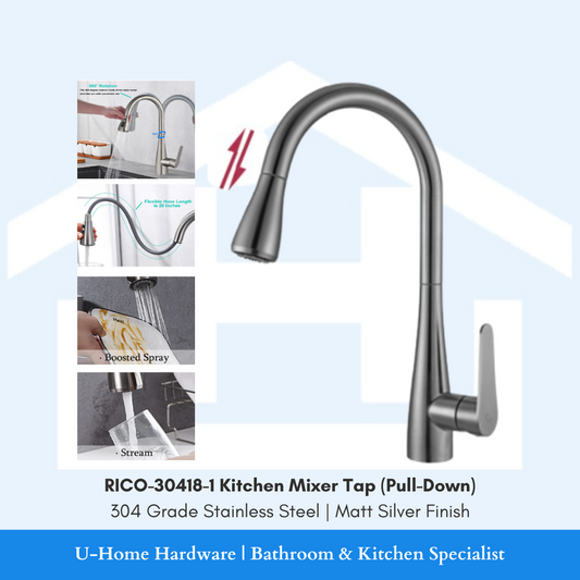 RICO SINK TAP.
RICO-30418-1 Singapore PUB Approved Kitchen Tap | Commercial Grade 304 Stainless Steel Pull Down Kitchen Mixer Tap | Professional Single Handle Pull Out Spray Head Faucet | NEA Certified Kitchen Sink Tap | HDB BTO Kitchen Renovation Mixer

Stainless Steel Pull Down Kitchen Mixer Tap with Flexible Hose | Professional Single Handle Pull Out Spray Head Faucet with Dual Function Spray Mode | Water Saving NEA Certified Kitchen Sink Tap for Restaurant and Home Use | Modern Design HDB BTO Kitchen Re