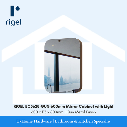 Front view of the wall-mounted RIGEL BC5628-GUN LED mirror cabinet measuring 600x113x800mm in Gun Metal finish.