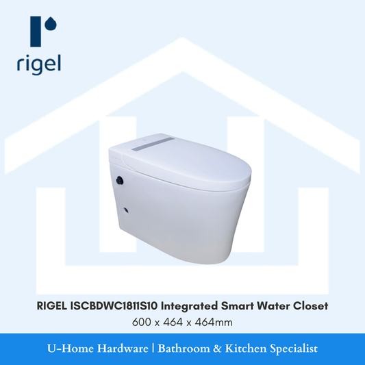 Front-angle view of the compact RIGEL ISCBDWC1811S10 integrated smart water closet, showing the sleek tankless profile and rimless ceramic bowl measuring 600x464x464mm.