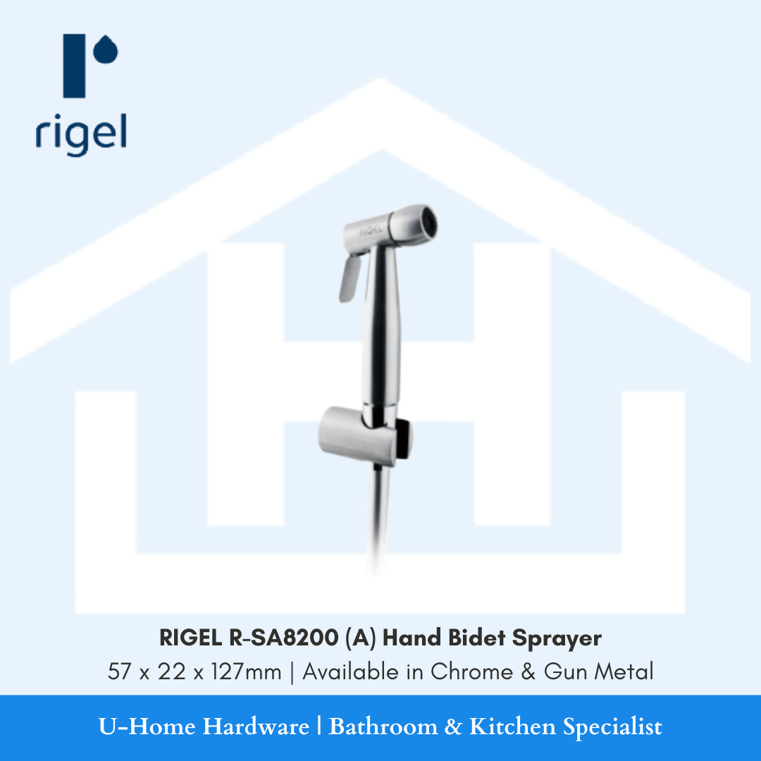 Front view of the chrome RIGEL SA8200 (A) hand bidet spray handpiece, matching flexible shower hose, and wall mounting bracket holder.