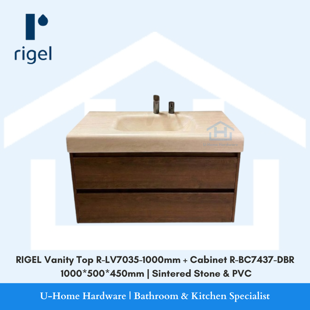 Front view of the 1000mm wide floating RIGEL vanity set featuring the ultra-durable R-LV7035 sintered stone top paired with the dark brown waterproof PVC cabinet R-BC7437-DBR.