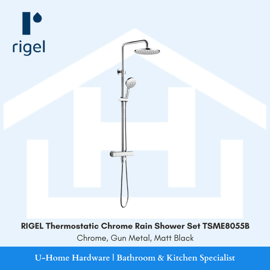 RIGEL Thermostatic Rain Shower Set TSME8055B in Chrome Gun Metal Matt Black for Singapore bathroom renovation.