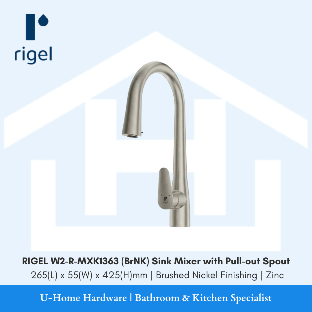 Side profile view of the 425mm tall RIGEL W2-R-MXK1363 pull-out kitchen sink mixer tap in a premium low-glare brushed nickel finish.