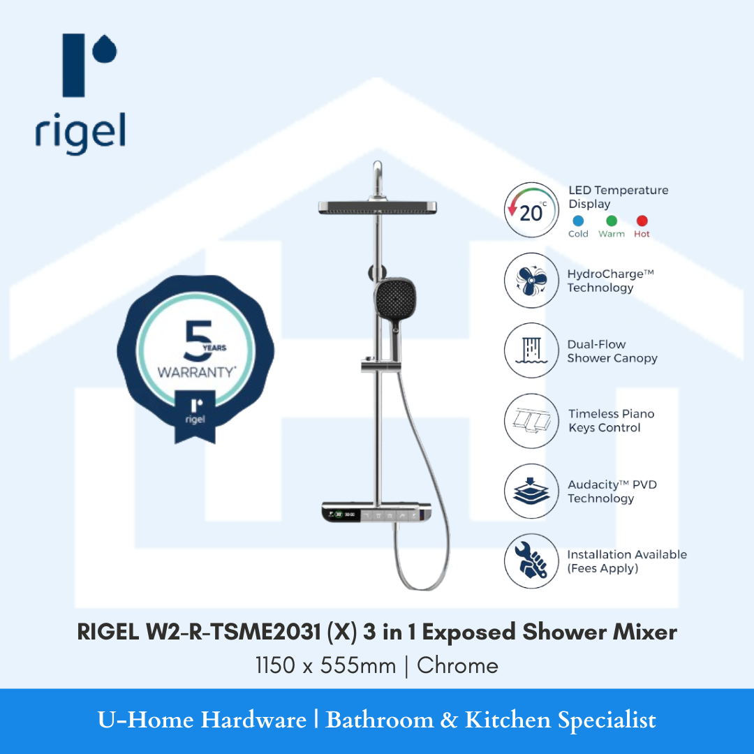 Full vertical view of the chrome wall-mounted RIGEL W2-R-TSME2031(X) 3-in-1 exposed shower column featuring an overhead rain shower head, hand spray, and lower spout.