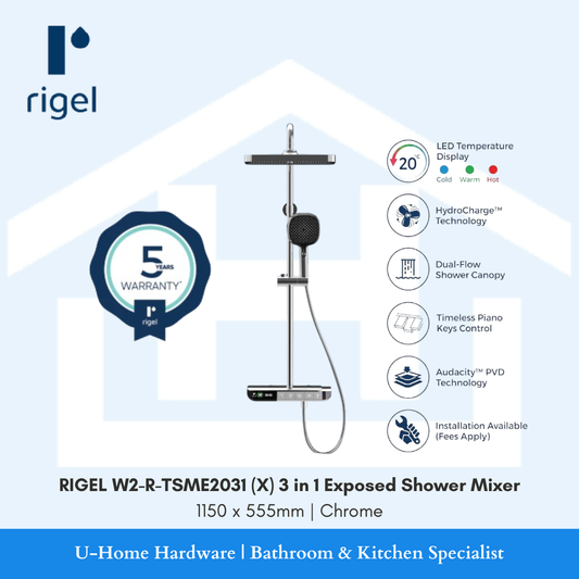 Full vertical view of the chrome wall-mounted RIGEL W2-R-TSME2031(X) 3-in-1 exposed shower column featuring an overhead rain shower head, hand spray, and lower spout.