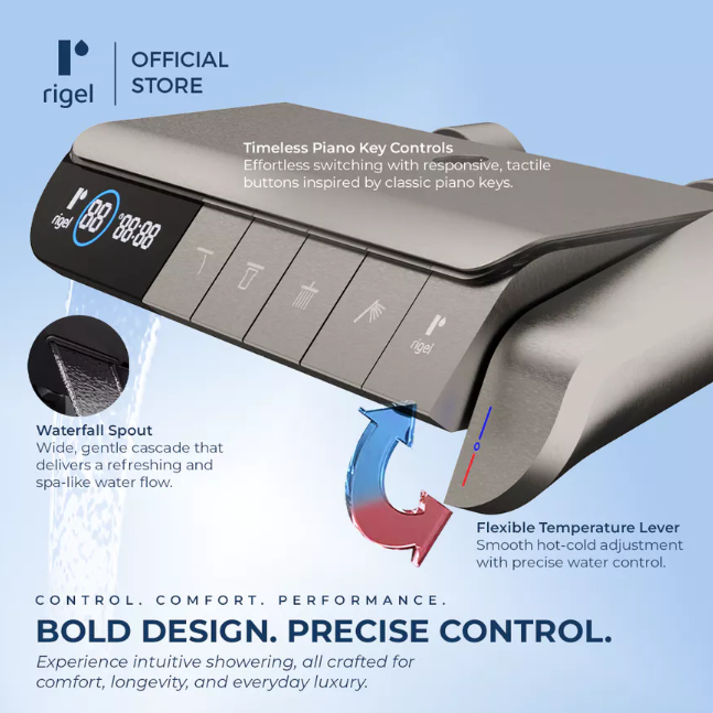 Rigel shower head promotional graphic showing a dark gray and black shower head with annotated features including piano key controls, waterfall spout, and flexible temperature lever on a light blue background.