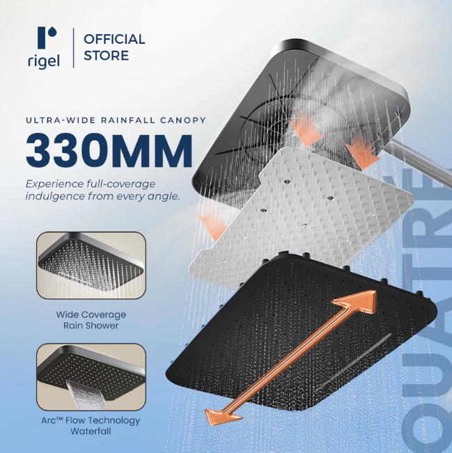 Rigel official store promotional graphic for an ultra-wide 330mm rainfall canopy. The image shows three layered square shower head components floating against a light blue background with rain graphics, text highlighting 330mm coverage, and two small inset detail photos.
