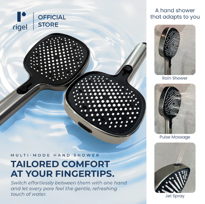 Rigel multi-mode hand shower head shown in a promotional graphic with water splash background and three inset usage views labeled Rain Shower, Pulse Massage, and Jet Spray.