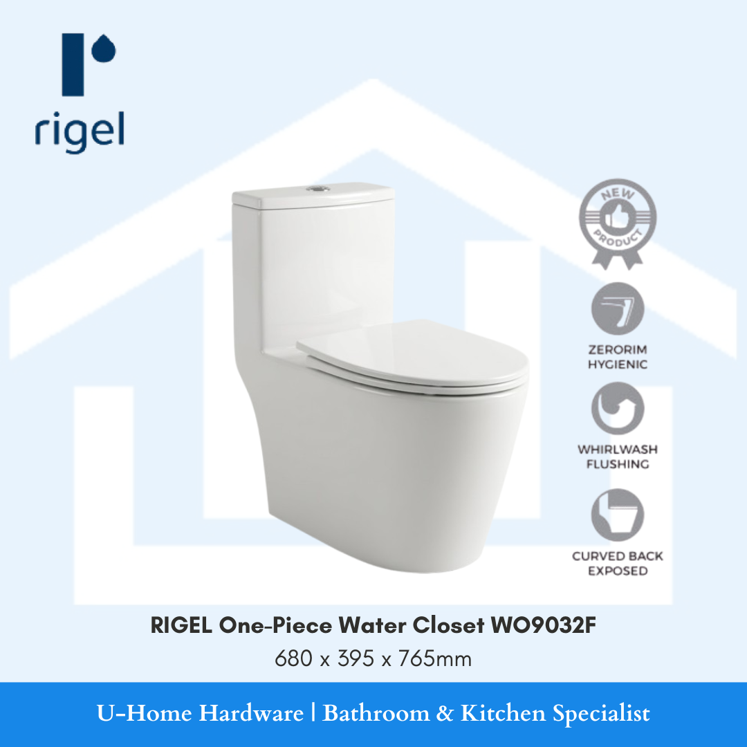 Rigel WO9032F One-Piece Toilet Bowl with Zerorim Hygienic and Whirlwash Flushing 680x395x765mm for Singapore home bathroom renovation
