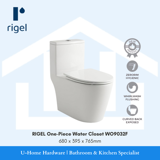 Rigel WO9032F One-Piece Toilet Bowl with Zerorim Hygienic and Whirlwash Flushing 680x395x765mm for Singapore home bathroom renovation