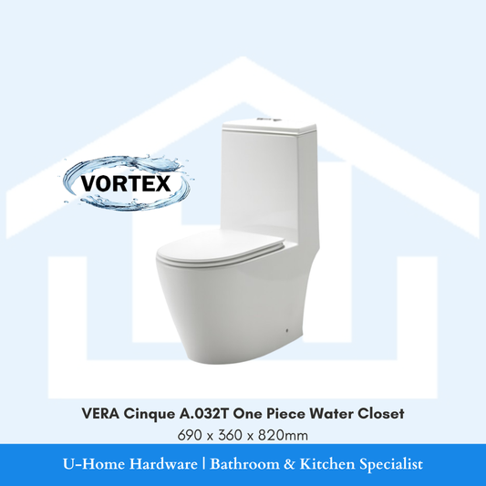 Front angle view of the white VERA Cinque A.032T one-piece water closet measuring 690x360x820mm, featuring a fully skirted seamless design and Vortex flushing system.