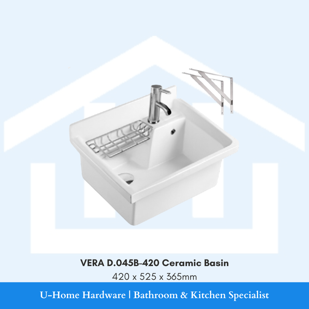 Top angle view of the white VERA D.045B-420 wall-hung ceramic utility basin measuring 420x525x365mm with stainless steel wall mounting brackets and wire soap rack.
