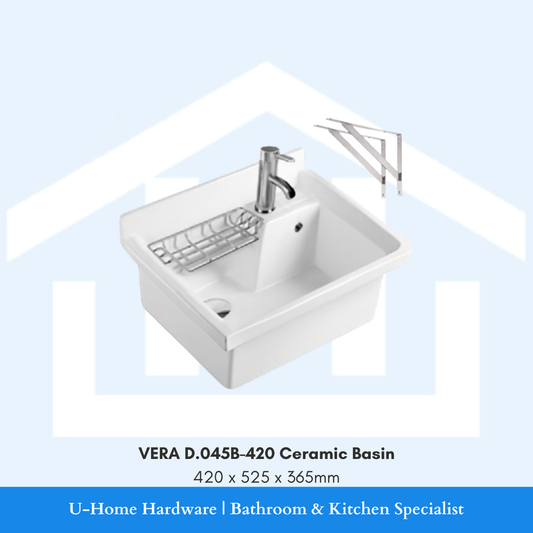 Top angle view of the white VERA D.045B-420 wall-hung ceramic utility basin measuring 420x525x365mm with stainless steel wall mounting brackets and wire soap rack.