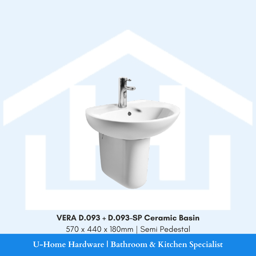 Front view of the white VERA D.093 + D.093-SP wall-hung ceramic basin measuring 570x440x180mm with matching semi pedestal shroud hiding the lower plumbing.
