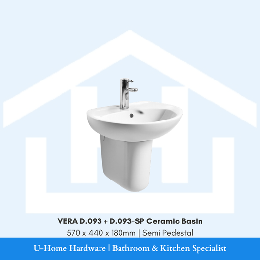 Front view of the white VERA D.093 + D.093-SP wall-hung ceramic basin measuring 570x440x180mm with matching semi pedestal shroud hiding the lower plumbing.