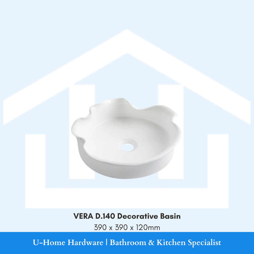 Top angled view of the white VERA D.140 round decorative above-counter ceramic vessel basin measuring 390x390x120mm with an artistic organic wavy rim.