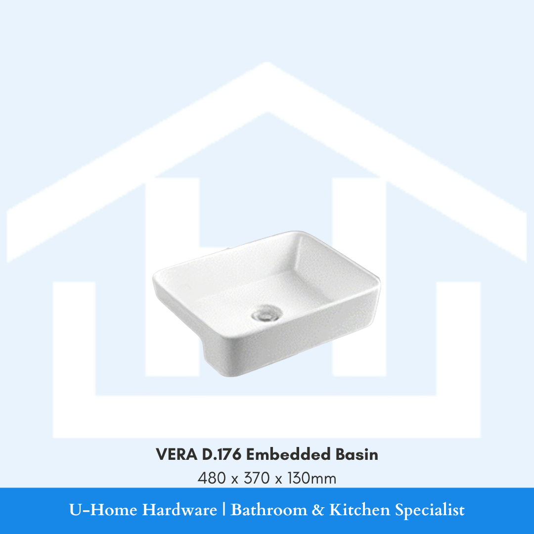 Angled front view of the white rectangular VERA D.176 embedded semi-recessed ceramic washbasin measuring 480x370x130mm, designed for narrow countertop vanity cutouts.