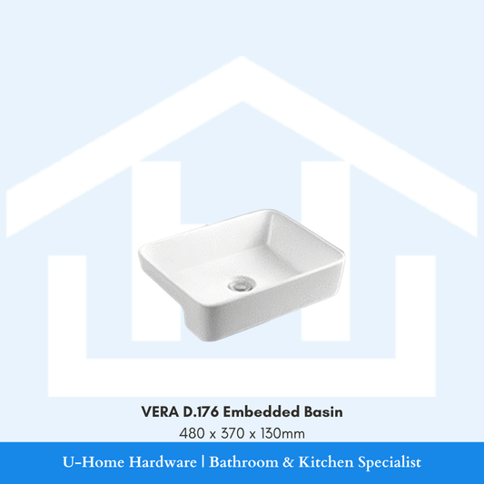 Angled front view of the white rectangular VERA D.176 embedded semi-recessed ceramic washbasin measuring 480x370x130mm, designed for narrow countertop vanity cutouts.