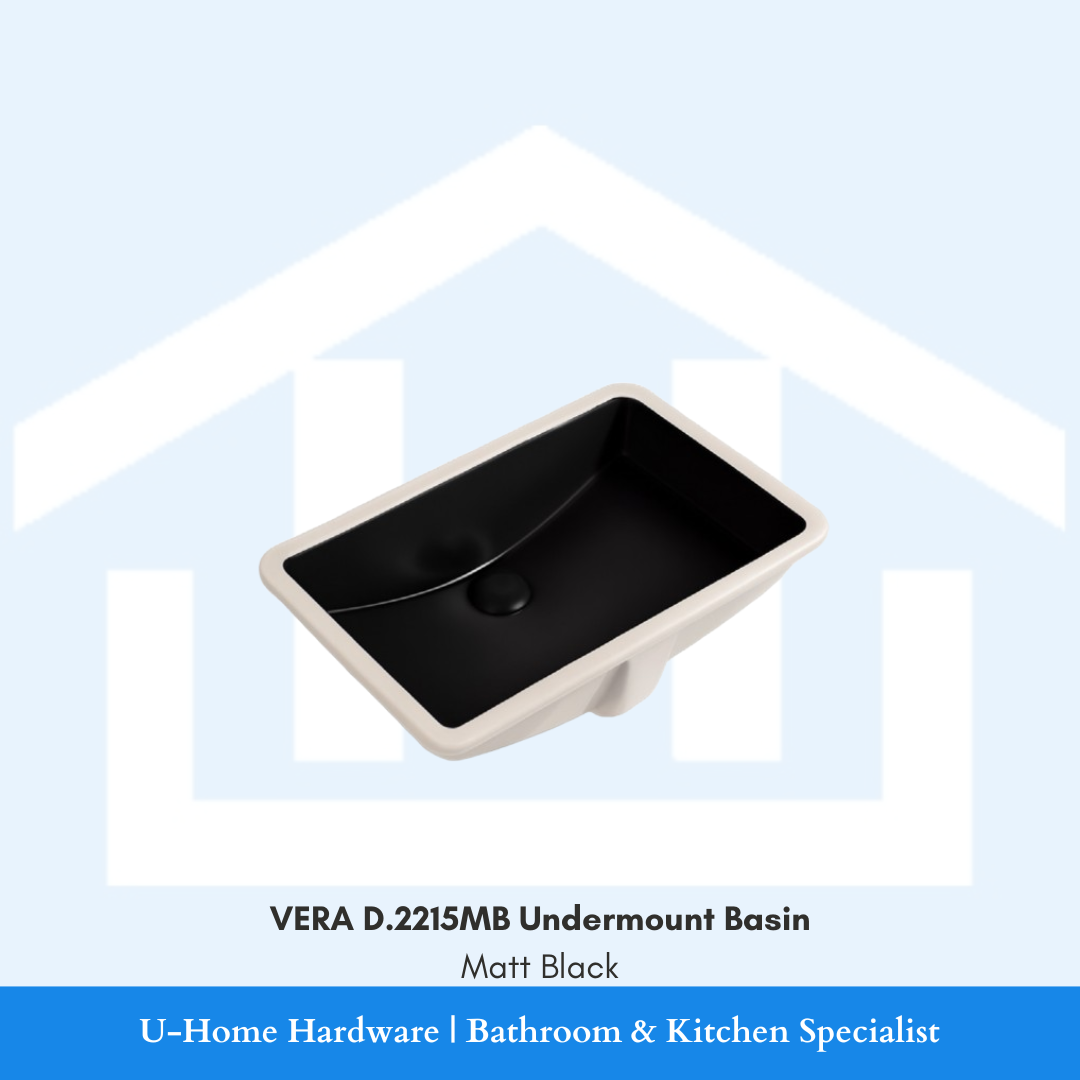 Top angled view of the VERA D.2215MB rectangular undermount ceramic basin in Matt Black finish, designed for seamless undermount vanity installation.