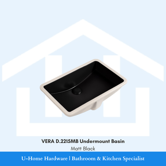 Top angled view of the VERA D.2215MB rectangular undermount ceramic basin in Matt Black finish, designed for seamless undermount vanity installation.