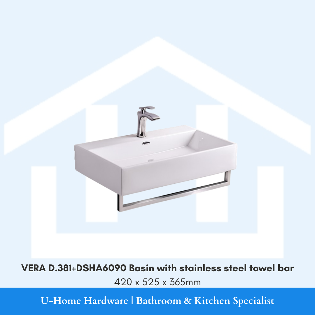 Front-side view of the white VERA D.381+DSHA6090 wall-hung rectangular ceramic basin measuring 420x525x365mm with an integrated stainless steel towel bar underneath.
