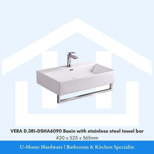 Front-side view of the white VERA D.381+DSHA6090 wall-hung rectangular ceramic basin measuring 420x525x365mm with an integrated stainless steel towel bar underneath.