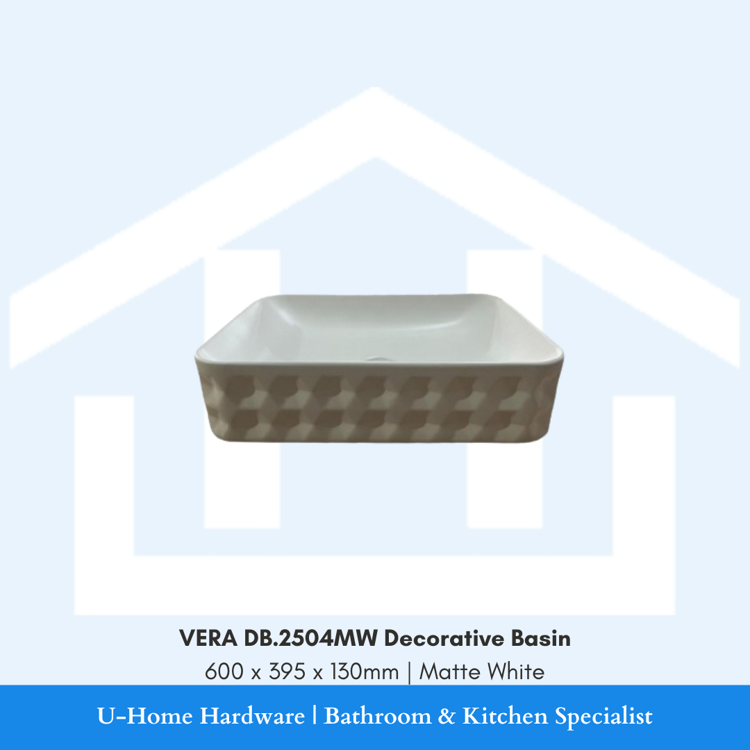 Front view of the wide rectangular VERA DB.2504MW decorative above-counter ceramic vessel basin in Matte White finish, featuring a 3D geometric diamond relief texture on the outer rim, measuring 600x395x130mm.