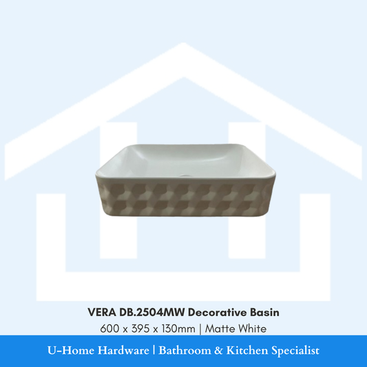 Front view of the wide rectangular VERA DB.2504MW decorative above-counter ceramic vessel basin in Matte White finish, featuring a 3D geometric diamond relief texture on the outer rim, measuring 600x395x130mm.